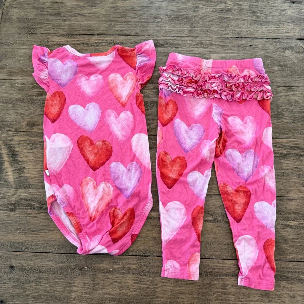Posh Peanut Pink Watercolor Heart Bodysuit & Ruffle Leggings Set 18-24 months